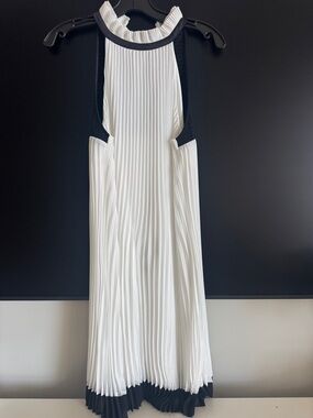White House Black Market White Pleated Halter Midi Dress with Black Trim